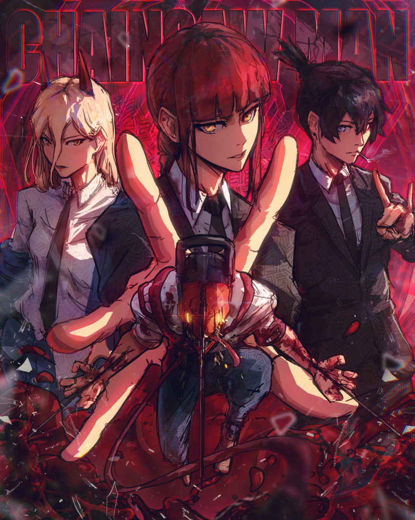 absurdres bangs black_hair black_necktie blazer bleeding blonde_hair blood blood_on_clothes chainsaw chainsaw_man collared_shirt denji_(chainsaw_man) formal fox_shadow_puppet hair_between_eyes hayakawa_aki highres horns jacket kneeling long_hair makima_(chainsaw_man) medium_hair necktie organs power_(chainsaw_man) reaching_out red_horns shirt short_hair sidelocks stephengiannart suit suit_jacket tongue tongue_out topknot