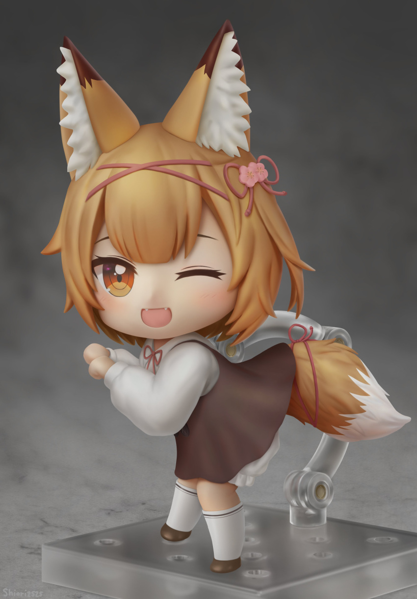 1girl absurdres animal_ear_fluff animal_ears artist_name bangs bent_over blunt_bangs brown_dress brown_footwear brown_hair chibi claw_pose dress fangs flower fox_ears fox_girl fox_tail from_side full_body hair_flower hair_ornament hair_ribbon highres kneehighs koume_(vrchat) long_sleeves looking_at_viewer nendoroid one_eye_closed photoshop_(medium) pinafore_dress puffy_sleeves red_ribbon ribbon shiori2525 short_hair sidelocks solo standing tail vrchat white_legwear