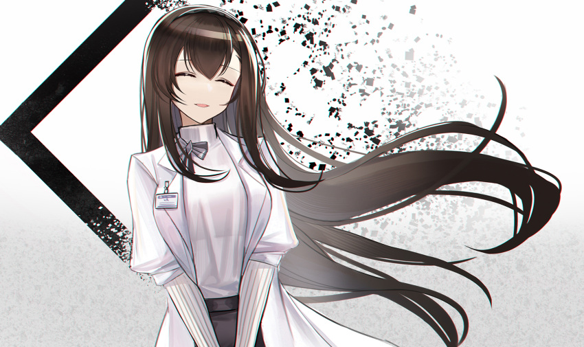 1girl ^_^ arknights black_hair character_request closed_eyes coat commentary eternity_(shadeh) facing_viewer floating_hair highres id_card long_hair open_clothes open_coat originium_arts_(arknights) shirt solo upper_body very_long_hair white_coat white_shirt