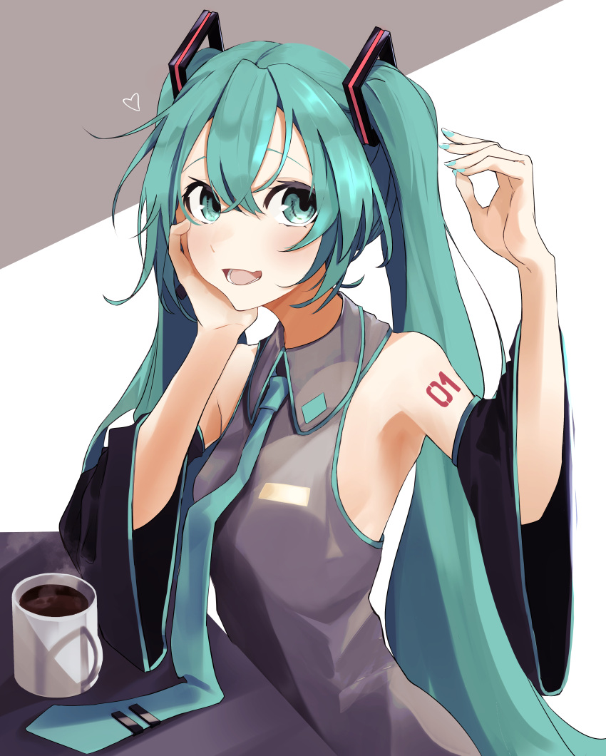 1girl absurdres aqua_eyes aqua_hair aqua_nails aqua_neckwear bare_shoulders black_sleeves coffee coffee_mug commentary cup detached_sleeves grey_shirt hair_ornament hand_on_own_cheek hand_up hatsune_miku heart highres long_hair mug nail_polish necktie open_mouth shirt shoulder_tattoo sidelighting sitting sleeveless sleeveless_shirt smile solo t-one table tattoo twintails upper_body very_long_hair vocaloid wide_sleeves