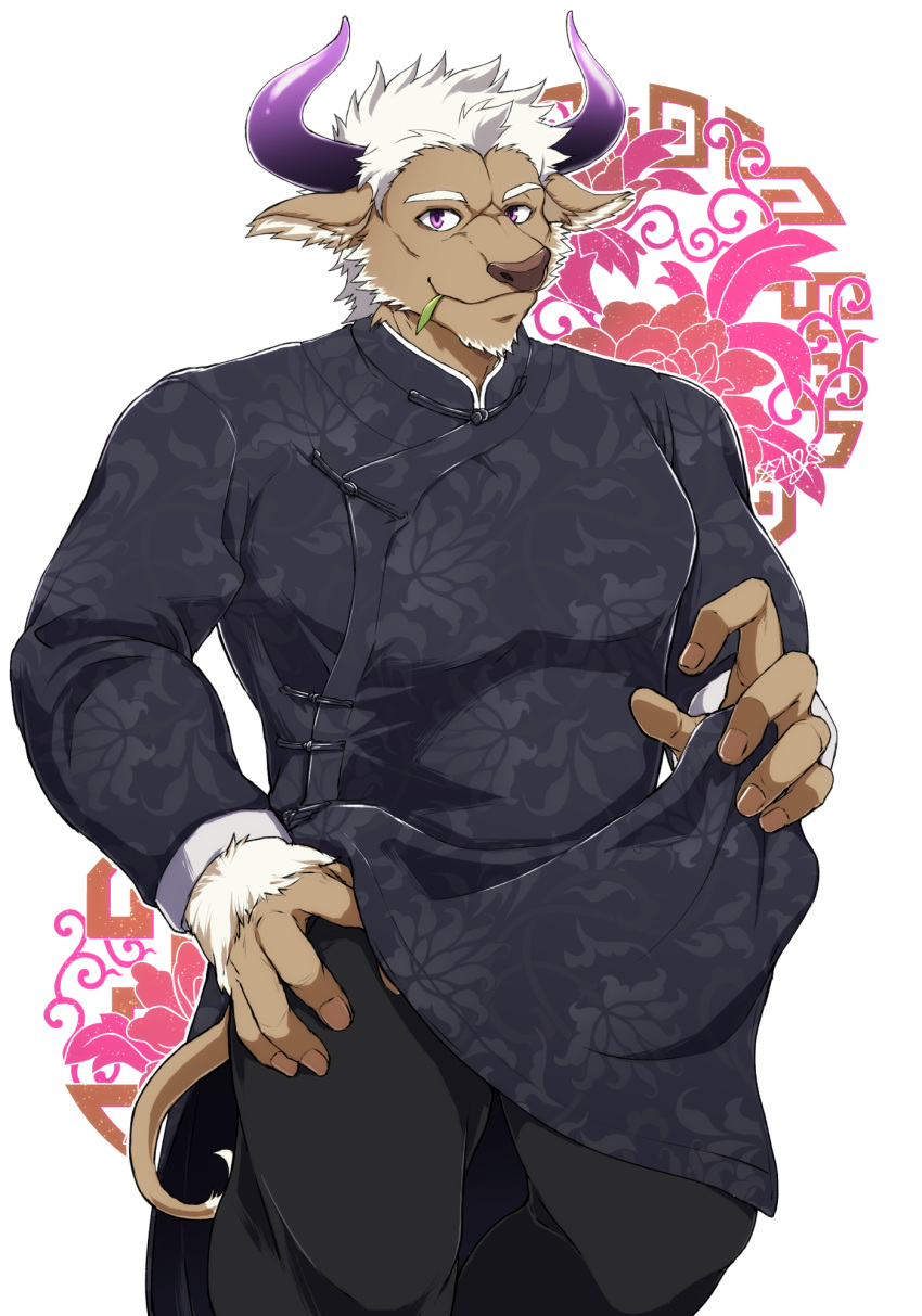 1boy alternate_costume animal_ears bara changpao chest chinese_clothes cow_boy cow_ears cow_horns feet_out_of_frame furry highres horns looking_at_viewer male_focus muscle purple_horns shennong_(tokyo_afterschool_summoners) short_hair sideburns smile solo standing tokyo_houkago_summoners violet_eyes white_hair yanai_inaya