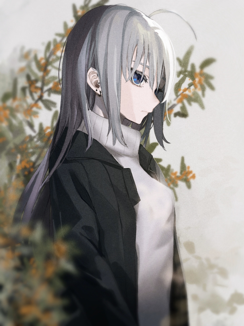 1girl absurdres ahoge blue_eyes blurry blurry_background blurry_foreground branch closed_mouth depth_of_field earrings flower from_side grey_hair highres jacket jewelry long_hair long_sleeves migihidari_(puwako) open_clothes open_jacket orange_flower original solo sweater upper_body white_sweater