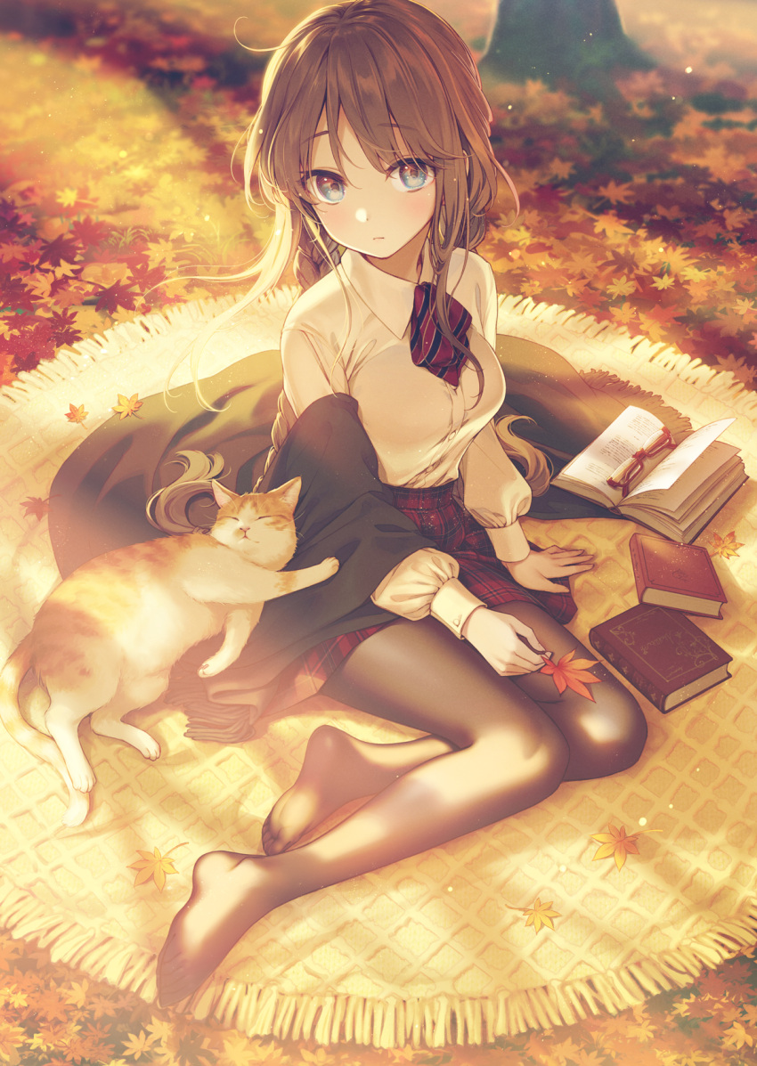 1girl bangs blue_eyes blush boots braid breasts brown_hair cat closed_mouth eyebrows eyebrows_visible_through_hair eyewear_removed glasses highres holding holding_leaf large_breasts leaf long_hair long_sleeves looking_at_viewer maple_leaf nekokan_masshigura no_shoes original pantyhose shirt sitting skirt sleeves soles solo tights_day toe_cleavage toes twin_braids white_shirt