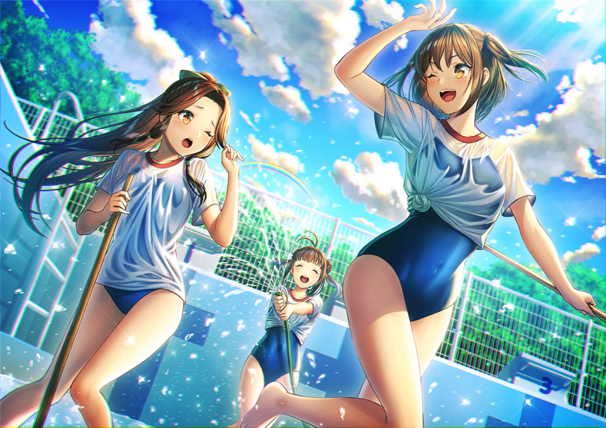 3girls ;d ^_^ ^o^ barefoot blue_swimsuit blush brown_eyes brown_hair closed_eyes clouds collarbone competition_school_swimsuit day double_bun empty_pool hair_intakes half_updo holding holding_hose hose jintsuu_(kantai_collection) kantai_collection long_hair multiple_girls naka_(kantai_collection) one_eye_closed open_mouth pool rainbow school_swimsuit see-through sendai_(kantai_collection) shirt short_hair short_sleeves smile swimsuit swimsuit_under_clothes two_side_up unowen water white_shirt