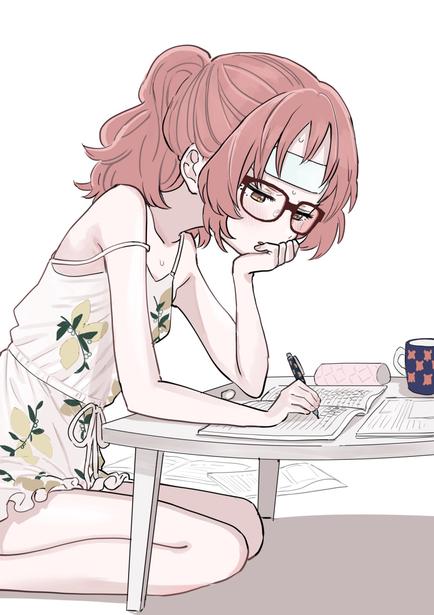 brown_hair chin_rest cup fujichika_koume glasses highres holding holding_pen mie_(sukinako_ga_glasses_wo_wasureta) mug pen ponytail seiza sidelocks simple_background sitting sukinako_ga_glasses_wo_wasureta table tagme white_background writing