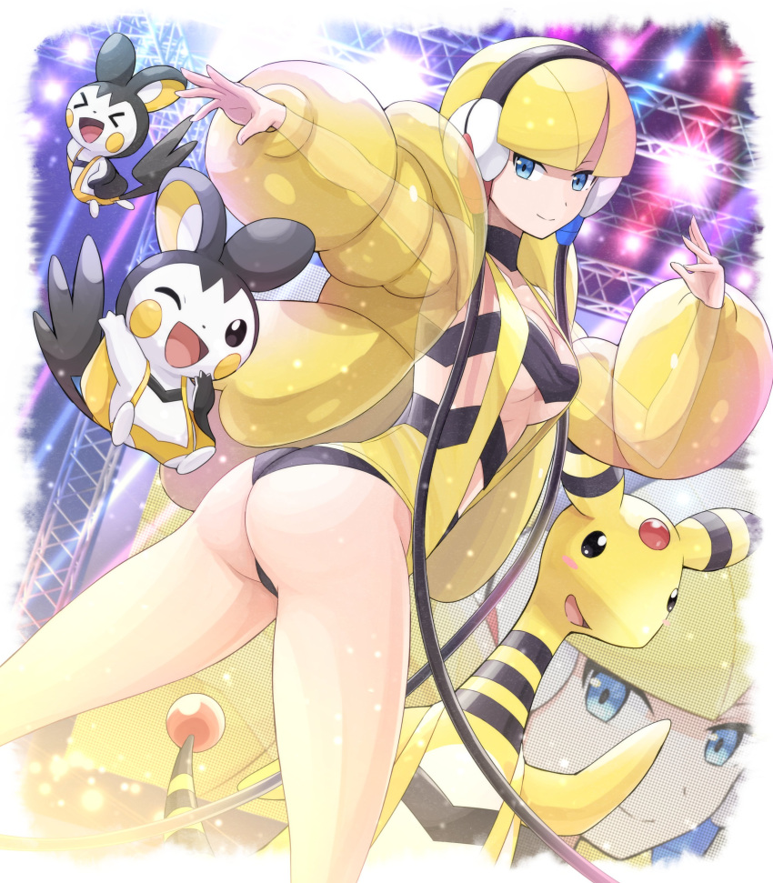 &gt;_&lt; 1girl ;d absurdres ampharos ass bangs black_choker blonde_hair blue_eyes blunt_bangs blush_stickers breasts choker closed_mouth clothed_pokemon commentary_request elesa_(pokemon) emolga gen_2_pokemon gen_5_pokemon gym_leader headphones highres light long_sleeves looking_at_viewer looking_back monitor one_eye_closed open_mouth outstretched_arm pokemoa pokemon pokemon_(creature) pokemon_(game) pokemon_bw scaffolding short_hair smile transparent