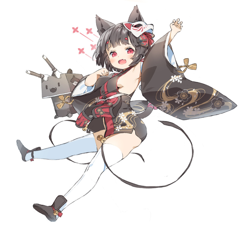 1girl :o animal_ears arms_up azur_lane bell black_hair black_kimono breasts cat_ears eyebrows_visible_through_hair fang floating fox_mask full_body hair_ribbon highres japanese_clothes jingle_bell kimono long_sleeves looking_at_viewer mask mask_on_head medium_breasts open_mouth paw_pose red_eyes ribbon sanze_(gokiburi_kirai) shoes short_hair simple_background solo straight_hair thigh-highs thighs white_background white_legwear wide_sleeves yamashiro_(azur_lane) younger