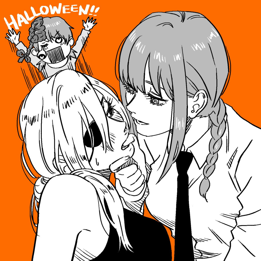 3girls bangs bare_shoulders black_eyepatch black_eyes black_neckwear black_shirt blush braid braided_ponytail brain breasts business_suit chainsaw_man collared_shirt cosmo_(chainsaw_man) couple demon_girl eyelashes finger_in_another's_mouth formal hair_between_eyes halloween hand_on_another's_chin head_tilt heart heart-shaped_pupils highres long_hair long_sleeves makima_(chainsaw_man) medium_breasts monochrome multiple_girls necktie office_lady open_mouth orange_background ponytail quanxi_(chainsaw_man) ringed_eyes romance shirt shouting sleeveless sleeveless_shirt smalltung suit symbol-shaped_pupils tank_top white_shirt wife_and_wife yuri