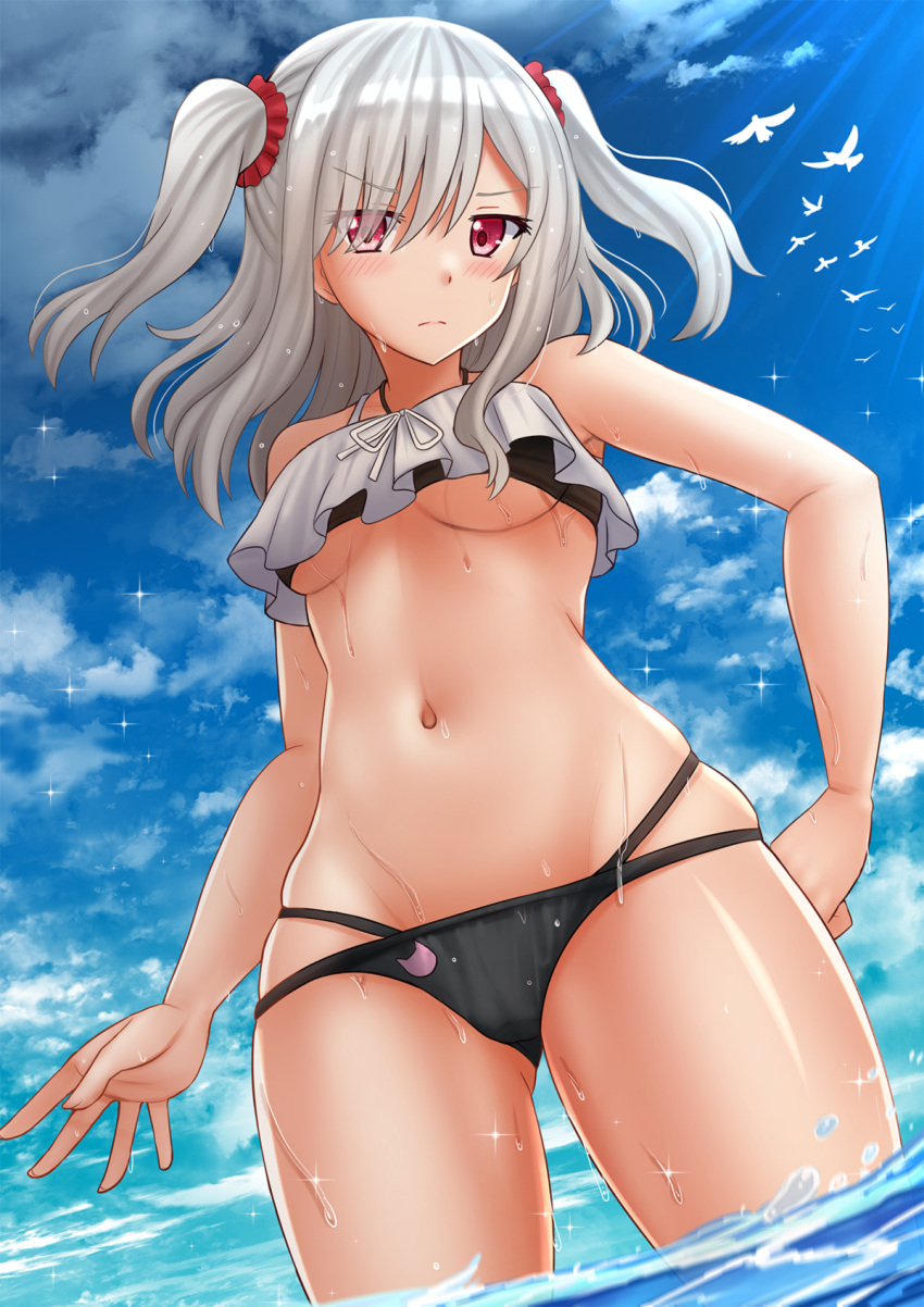 &gt;:( 1girl animal ass_visible_through_thighs bangs bare_arms bare_shoulders bikini bird black_bikini blush breasts closed_mouth commentary day eyebrows_visible_through_hair eyes_visible_through_hair grey_hair groin hair_ornament hair_over_one_eye hair_scrunchie hand_on_hip highres kazenokaze komagome_azuzu light_frown looking_at_viewer medium_breasts multi-strapped_bikini navel outdoors red_eyes red_scrunchie scrunchie senyoku_no_sigrdrifa solo standing swimsuit two_side_up under_boob water wet