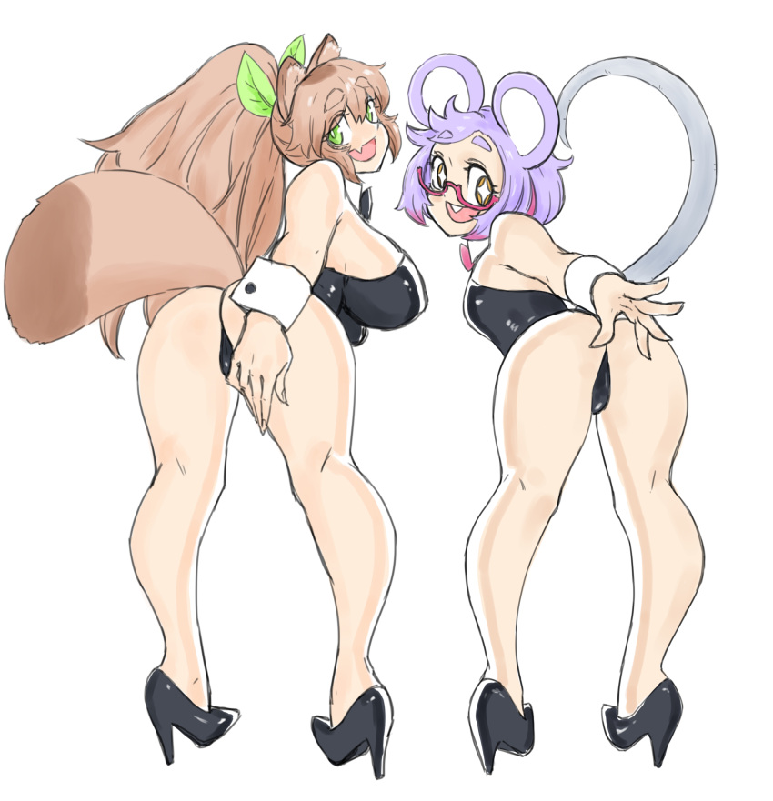 2girls absurdres animal_ears asimatosinosin ass breasts brown_hair glasses highres large_breasts multiple_girls open_mouth original purple_hair shoes short_hair small_breasts tail
