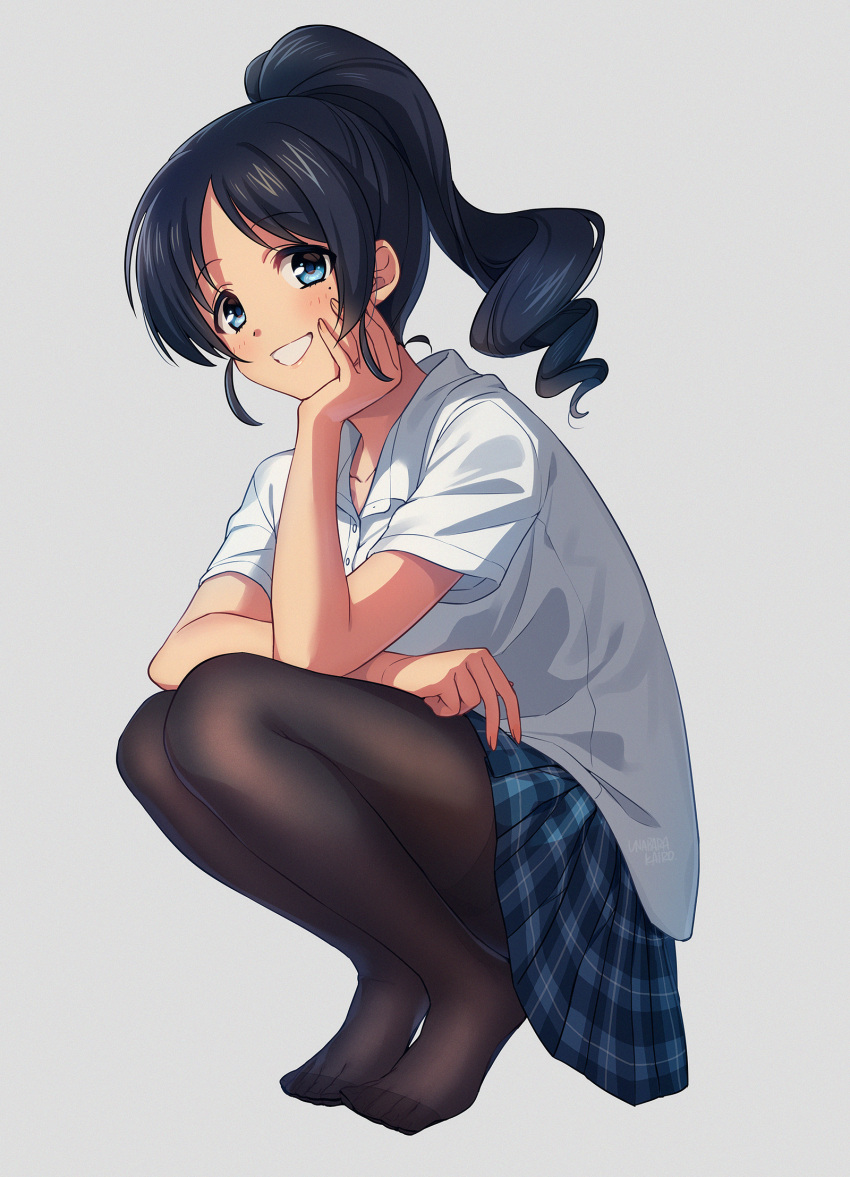 1girl artist_name bangs black_hair black_legwear blue_eyes blush chin_rest commentary dress_shirt drill_hair eyebrows_visible_through_hair feet grin hand_on_own_cheek hand_on_own_thigh hand_up head_tilt high_ponytail highres legs_together long_hair looking_at_viewer mole mole_under_eye no_shoes original pantyhose parted_bangs plaid plaid_skirt pleated_skirt school_uniform shirt short_sleeves sidelocks simple_background skirt smile solo squatting thighband_pantyhose tiptoes unabara_kairo