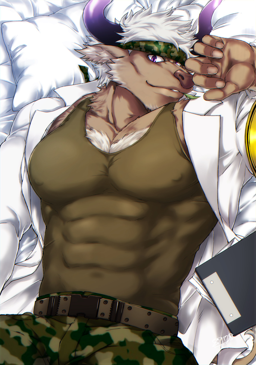 1boy animal_ears bara belt bulge camouflage camouflage_pants chest chest_hair coat covered_abs covered_navel covered_nipples cow_boy cow_ears cow_horns dakimakura doctor furry green_tank_top headband highres horns labcoat male_focus muscle on_bed open_clothes open_coat pants pillow purple_horns shennong_(tokyo_afterschool_summoners) short_hair sideburns solo tank_top tokyo_houkago_summoners violet_eyes white_hair yanai_inaya