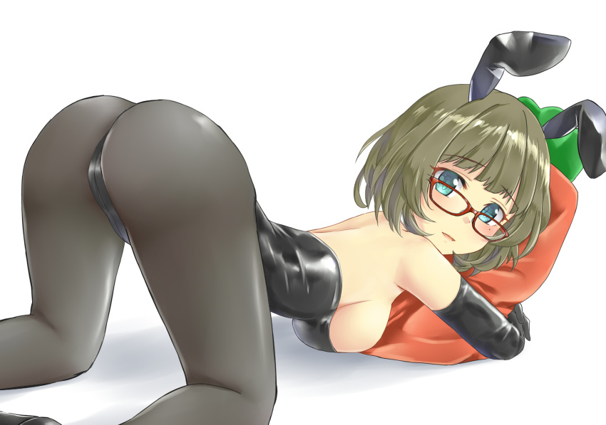 1girl aimobake animal_ears aqua_eyes ass bangs bespectacled black_footwear black_gloves black_legwear black_leotard breasts brown_hair carrot_pillow commentary elbow_gloves eyebrows_visible_through_hair fake_animal_ears glasses gloves high_heels highres holding holding_pillow idolmaster idolmaster_cinderella_girls large_breasts leotard looking_at_viewer looking_back mole mole_under_eye pantyhose parted_lips pillow playboy_bunny rabbit_ears red-framed_eyewear shadow short_hair simple_background smile solo strapless strapless_leotard takagaki_kaede thigh_gap thong_leotard top-down_bottom-up white_background