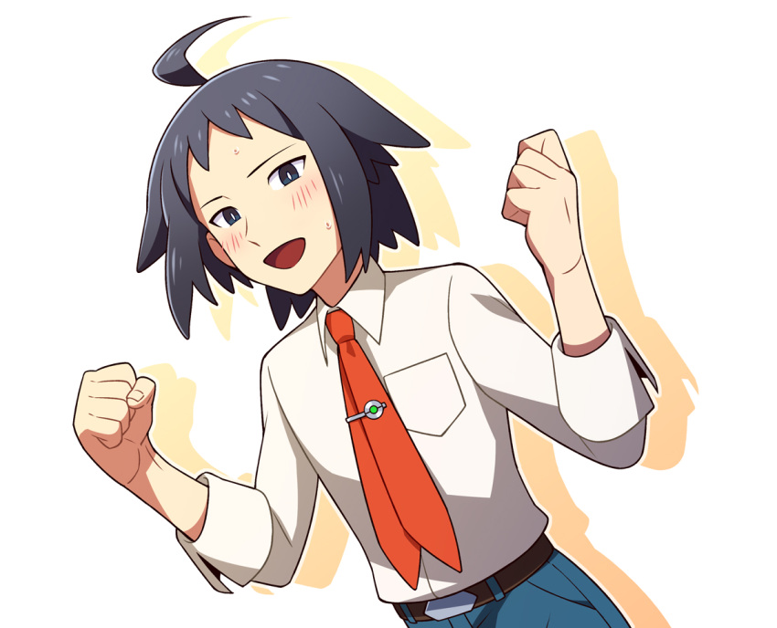 1boy ahoge bangs belt belt_buckle black_eyes black_hair blue_pants blush buckle cheren_(pokemon) clenched_hands collared_shirt commentary_request gym_leader hands_up lobolobo2010 looking_at_viewer male_focus necktie open_mouth pants pokemon pokemon_(game) pokemon_bw red_neckwear shirt sleeves_rolled_up solo tongue white_shirt