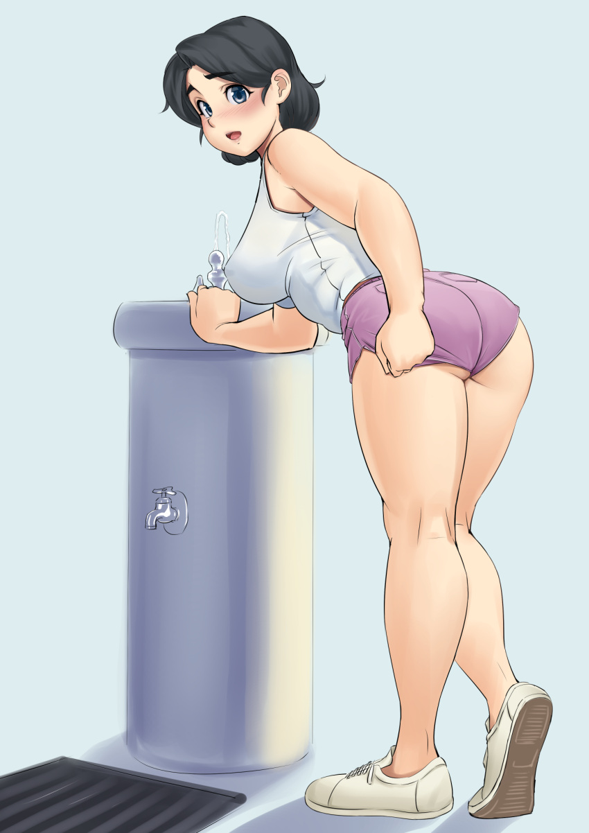 1girl arm_support ass bangs bare_shoulders black_hair blue_eyes blush breasts commentary curvy fountain highres large_breasts leaning_forward mature nemui333 open_mouth original parted_bangs purple_shorts short_hair short_shorts shorts standing tank_top thick_eyebrows thighs water white_footwear white_tank_top