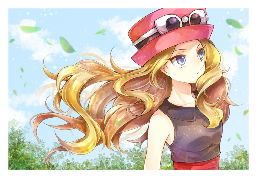 1girl black_shirt blonde_hair blue_eyes border breasts closed_mouth collarbone eyewear_on_headwear floating_hair hat long_hair medium_breasts outside_border pokemon pokemon_(game) pokemon_xy red_headwear serena_(pokemon) shiny shiny_hair shirt sleeveless sleeveless_shirt solo sunglasses upper_body very_long_hair white-framed_eyewear white_border yomogi_(black-elf)