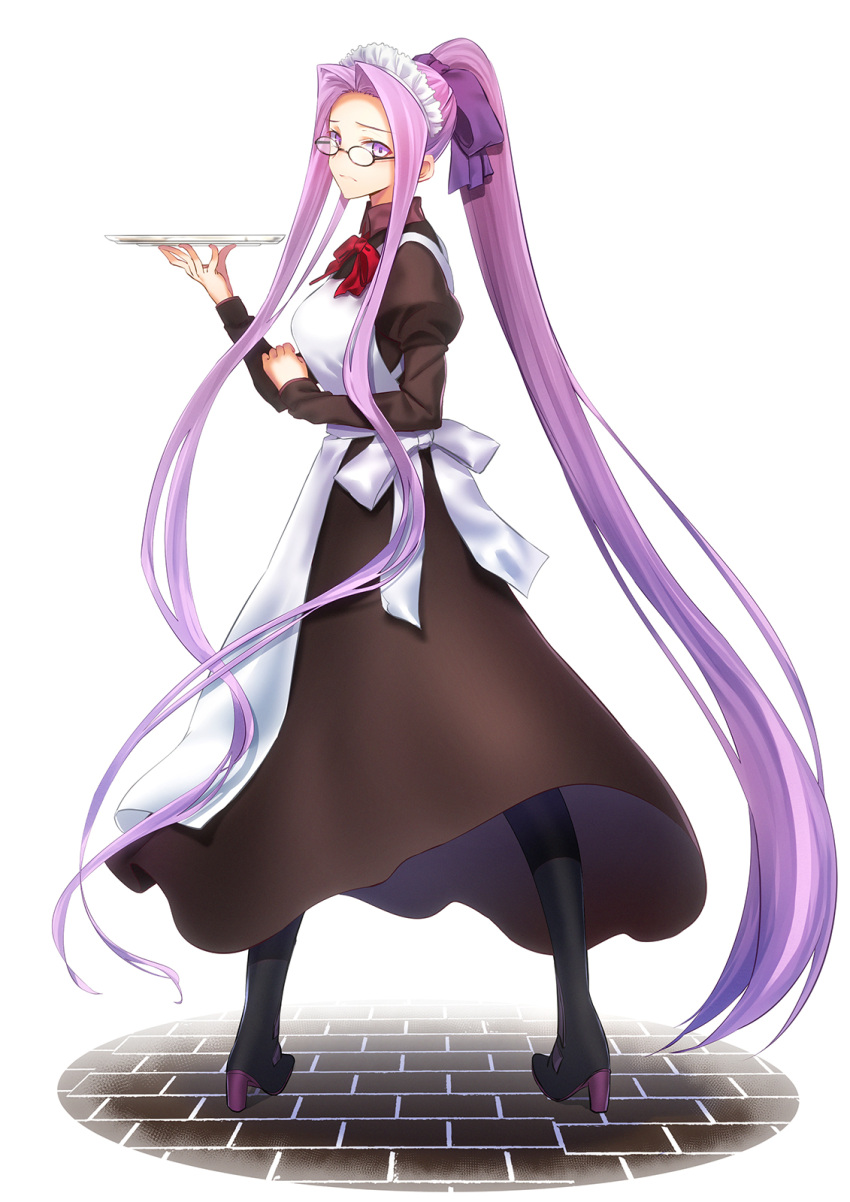 1girl alternate_costume apron bangs black_dress boots breasts closed_mouth dress enmaided fate/stay_night fate_(series) forehead glasses high_ponytail highres juliet_sleeves large_breasts long_hair long_sleeves looking_at_viewer maid maid_headdress minami_koyogi parted_bangs puffy_sleeves purple_hair rider thigh-highs thigh_boots tray very_long_hair violet_eyes white_apron