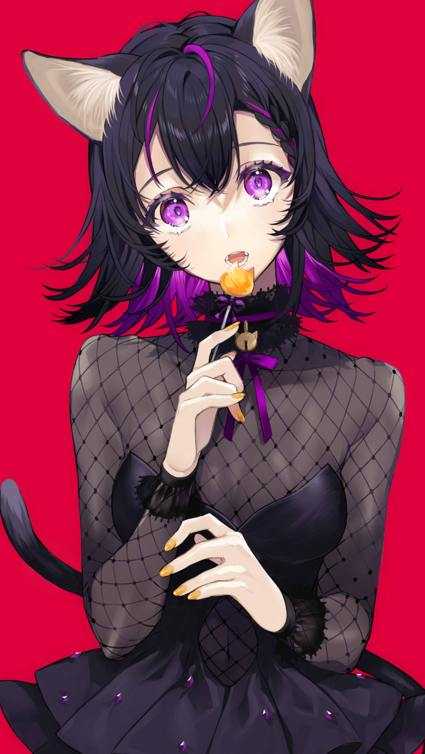 1girl absurdres animal_ear_fluff animal_ears bangs black_dress black_hair braid breasts candy cat_ears cat_girl cat_tail commentary_request dress food hair_between_eyes hand_up highres holding holding_candy holding_food holding_lollipop lollipop long_sleeves looking_at_viewer multicolored_hair nail_polish orange_nails original pleated_dress purple_hair red_background simple_background small_breasts sogawa solo tail tail_raised two-tone_hair violet_eyes