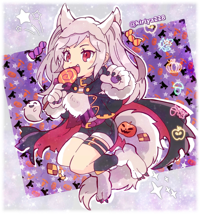 1girl animal_ears belt candy cookie fire_emblem fire_emblem_awakening fire_emblem_heroes food gloves grima_(fire_emblem) halloween_costume highres holding kiriya_(552260) lollipop long_sleeves open_mouth paw_gloves paws red_eyes robin_(fire_emblem) robin_(fire_emblem)_(female) shorts solo tail thigh_strap twintails twitter_username white_hair wolf_ears wolf_tail