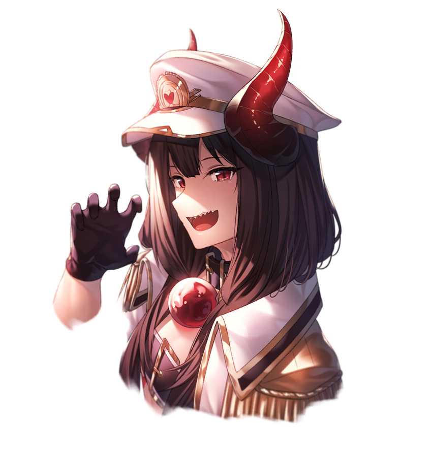 1girl :d belt_collar black_gloves brown_hair claw_pose collar enpera epaulettes from_side gloves hand_up hat horns ibuki_notsu long_hair looking_at_viewer open_mouth peaked_cap red_eyes scarf sharp_teeth sideways_mouth simple_background slit_pupils smile solo teeth upper_body upper_teeth vgaming white_background white_headwear yoruno_yui