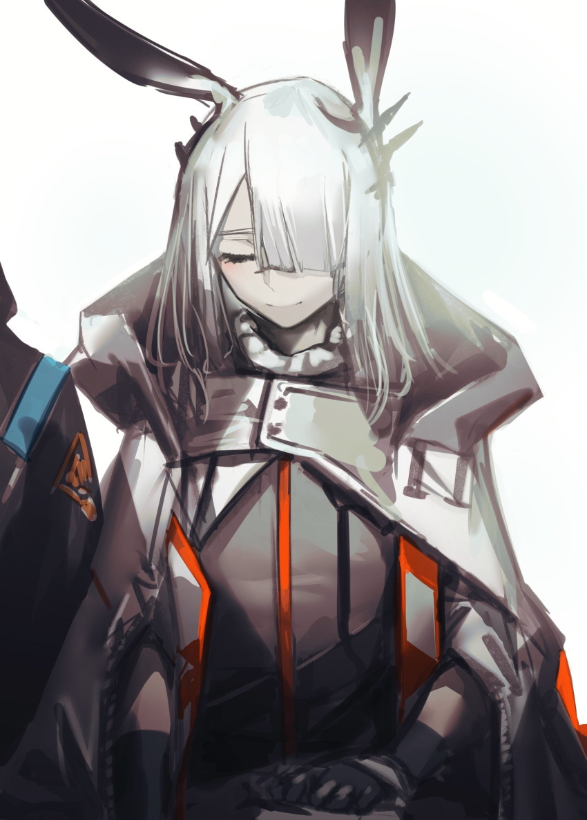 1girl animal_ears arknights backlighting blush closed_eyes coat facial_scar fixro2n frostnova_(arknights) hair_over_one_eye highres long_hair nose_scar pale_skin rabbit_ears scar simple_background smile solo solo_focus translation_request upper_body white_background white_hair