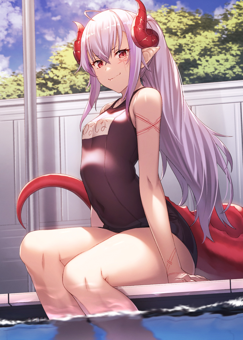 1girl absurdres ahoge arm_support bangs bare_arms bare_legs bare_shoulders blue_sky breasts clouds covered_navel day dragon_horns dragon_tail eyebrows_visible_through_hair facial_mark feet_out_of_frame hair_between_eyes highres horns ibuki_notsu light_purple_hair long_hair looking_at_viewer melusine_(ibuki_notsu) name_tag one-piece_swimsuit original outdoors photoshop_(medium) pointy_ears purple_swimsuit red_eyes school_swimsuit sidelocks sitting sky small_breasts smile soaking_feet solo swimsuit tail thighs translated water