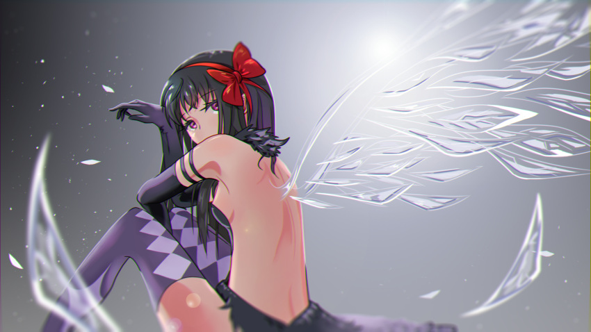 1girl akuma_homura backless_dress backless_outfit bare_back black_dress black_gloves black_hair blurry_foreground bow breasts dannis_c dress elbow_gloves from_behind gloves grey_background hair_bow hairband highres long_hair looking_at_viewer looking_back mahou_shoujo_madoka_magica pink_eyes purple_legwear red_bow red_hairband shiny shiny_hair short_dress sideboob sitting sleeveless sleeveless_dress small_breasts solo thigh-highs translucent wings