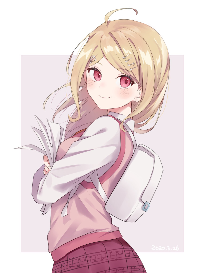 1girl ahoge akamatsu_kaede backpack bag bangs beamed_eighth_notes blonde_hair blush breasts closed_mouth commentary commentary_request cowboy_shot dangan_ronpa eighth_note from_side hair_ornament highres holding holding_paper long_hair long_sleeves looking_at_viewer looking_to_the_side musical_note musical_note_hair_ornament necktie new_dangan_ronpa_v3 object_hug open_mouth paper partial_commentary pink_background pleated_skirt print_skirt school_uniform shirt simple_background skirt smile solo sweater_vest violet_eyes white_background white_bag white_shirt yuzutouhu_ika