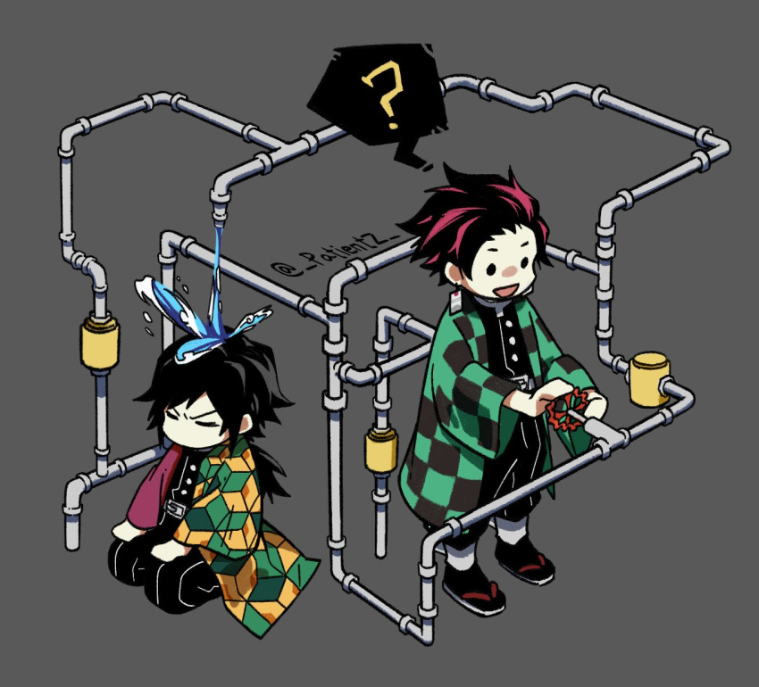 2boys =_= ? checkered chibi commentary grey_background highres isometric japanese_clothes kamado_tanjirou kimetsu_no_yaiba long_hair multiple_boys no_mouth open_mouth patient_zero pipes ponytail seiza simple_background sitting smile solid_circle_eyes spoken_question_mark symbol_commentary tomioka_giyuu twitter_username valve water