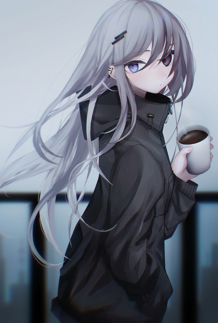 1girl black_eyes black_jacket closed_mouth coffee cup ear_piercing earrings fingernails from_side grey_hair hair_ornament hairclip hand_in_pocket hand_up heterochromia highres holding holding_cup jacket jewelry long_hair looking_at_viewer looking_to_the_side migihidari_(puwako) original piercing railing solo violet_eyes