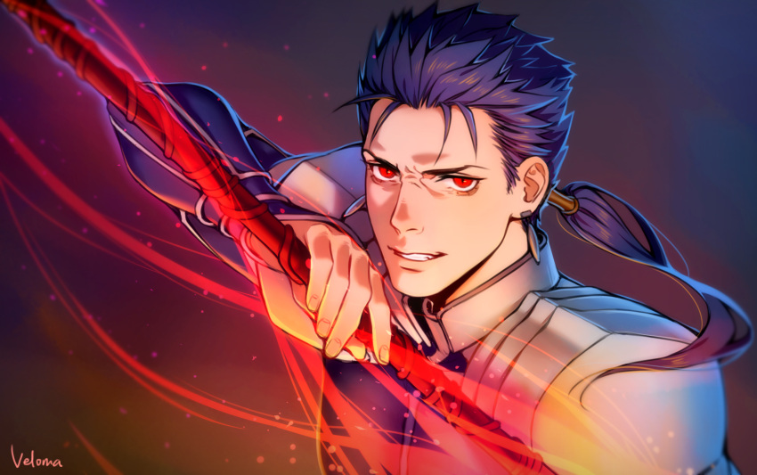 1boy angry armor artist_name beads blue_hair cang_fade cu_chulainn_(fate)_(all) earrings fate/stay_night fate_(series) gae_bolg hair_beads hair_ornament highres holding holding_weapon jewelry lancer long_hair male_focus pauldrons ponytail red_eyes shoulder_armor slit_pupils solo spiky_hair type-moon weapon