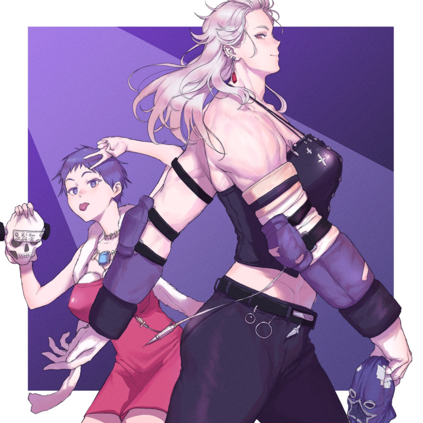 2girls airpro033 bare_shoulders belt black_pants black_tank_top cowboy_shot dorohedoro dress earrings ebisu_(dorohedoro) grey_hair hand_up height_difference highres jewelry long_hair multiple_girls muscle muscular_female necklace noi_(dorohedoro) pants profile purple_hair red_dress short_hair tall_female tank_top tongue tongue_out v violet_eyes