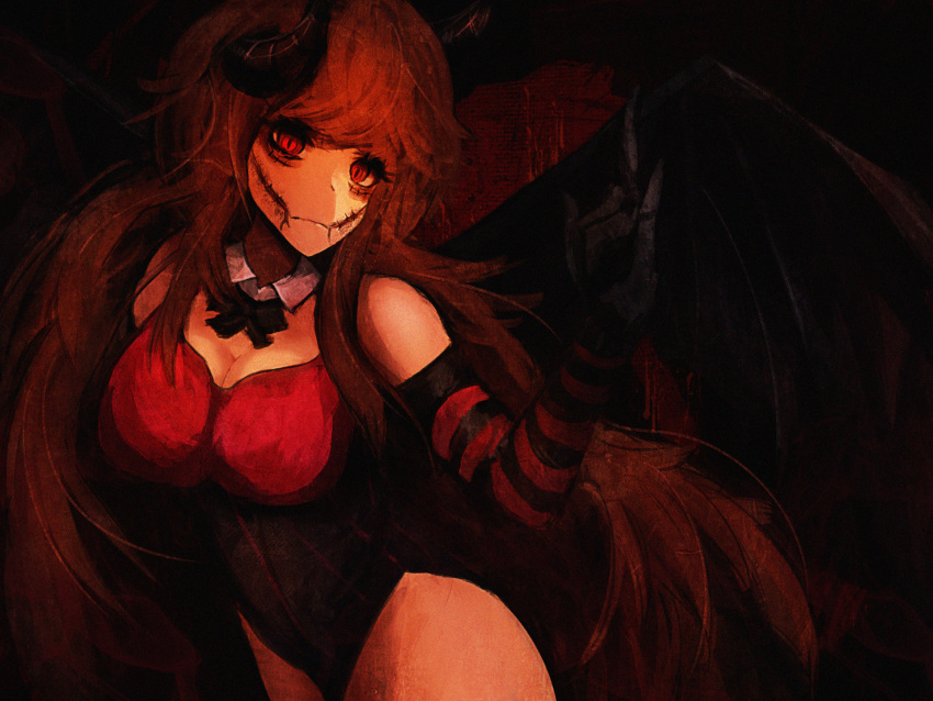 1girl bangs black_horns brown_hair closed_mouth deathcore deathmetal demon_girl demon_horns demon_tail demon_wings glowing glowing_eyes highres horns long_hair looking_at_viewer original painting playboy_bunny red_eyes rib.ajikan succubus tail wings