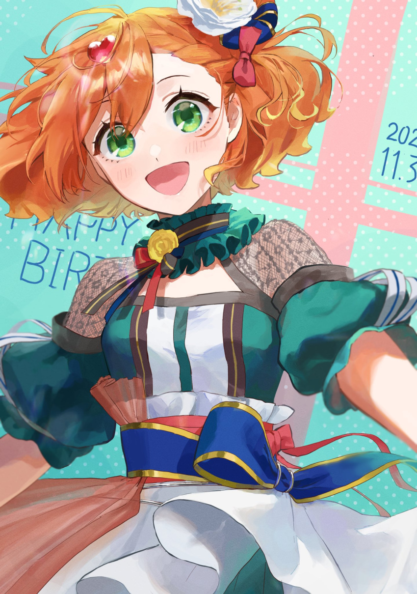 1girl alternate_costume dated floating_hair freyja_wion green_eyes hair_ornament happy_birthday heart heart_hair_ornament highres macross macross_delta open_mouth pote-mm short_hair solo