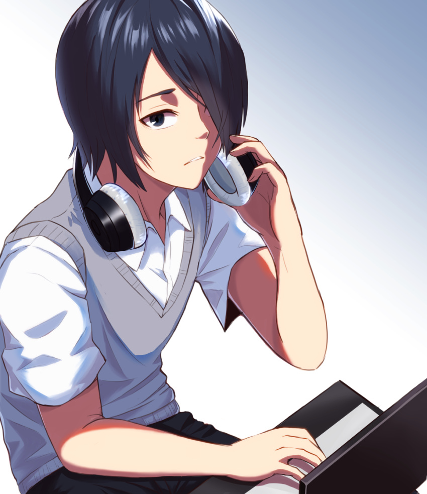 1boy asada_yo bangs black_dress black_hair black_pants blush collared_shirt commentary_request computer dress gradient gradient_background hair_over_one_eye hand_up headphones headphones_around_neck highres ishigami_yuu kaguya-sama_wa_kokurasetai_~tensai-tachi_no_renai_zunousen~ laptop long_hair looking_at_viewer male_focus pants parted_lips school_uniform shirt short_hair short_sleeves shuuchiin_academy_uniform sitting solo sweater_vest teeth white_shirt