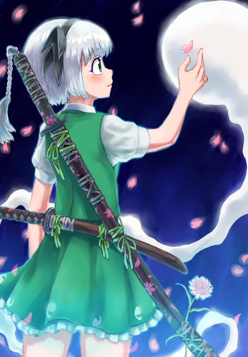 1girl arm_up black_hairband black_ribbon blue_background blush bob_cut closed_mouth commentary_request cowboy_shot frilled_skirt frills from_side glowing glowing_flower glowing_petals green_eyes green_skirt green_vest hair_ribbon hairband highres hitodama hitodama_print katana konpaku_youmu konpaku_youmu_(ghost) miyakozuki outline partial_commentary profile puffy_short_sleeves puffy_sleeves ribbon scabbard sheath sheathed shirt short_hair short_sleeves silver_hair skirt skirt_set solo sword sword_behind_back touhou vest wakizashi weapon weapon_on_back white_hair white_shirt