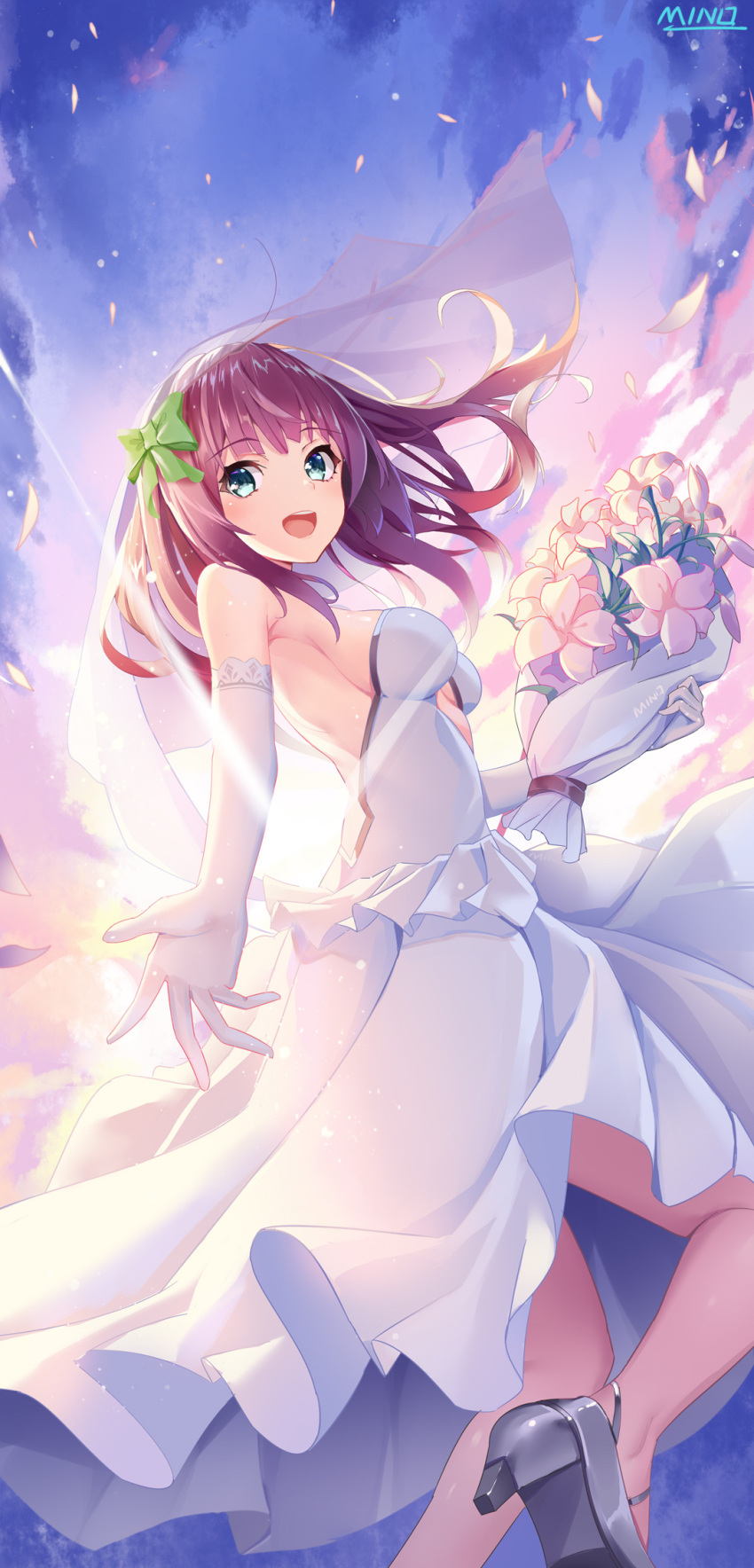 1girl :d angel_beats! backless_dress backless_outfit backlighting bangs blue_sky bouquet bow breasts bridal_veil day dress eyebrows_visible_through_hair floating_hair flower from_side green_bow green_eyes grey_footwear hair_bow highres holding holding_bouquet long_dress long_hair looking_at_viewer medium_breasts minoominoomi open_mouth outdoors pumps purple_hair shiny shiny_hair sideboob sky sleeveless sleeveless_dress smile solo standing strapless strapless_dress veil wedding_dress white_dress white_flower yuri_(angel_beats!)