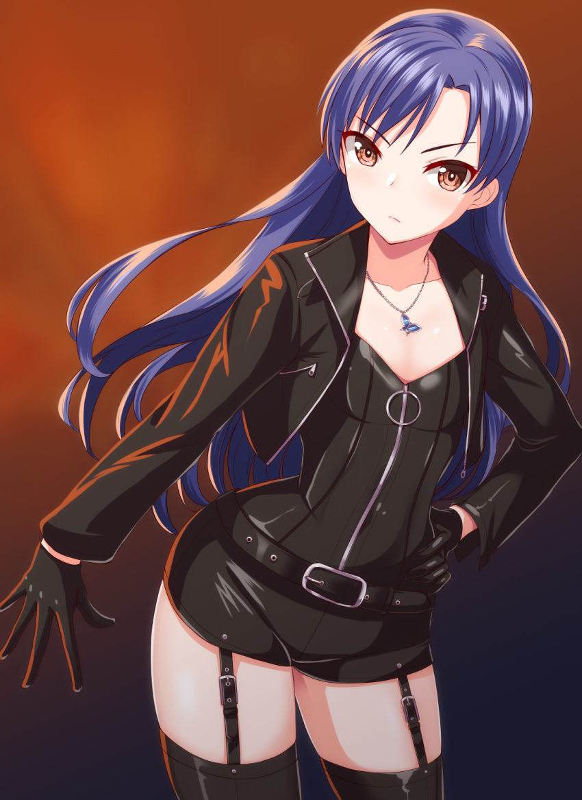 1girl bangs black_background black_gloves black_jacket black_legwear black_shorts blue_hair boots closed_mouth collarbone cowboy_shot dan_(orange_train) flat_chest floating_hair garter_straps gloves gradient gradient_background hand_on_hip highres idolmaster idolmaster_(classic) jacket jewelry kisaragi_chihaya leaning_forward long_hair open_clothes open_jacket orange_background pendant red_eyes shiny shiny_footwear shiny_hair shiny_skin short_shorts shorts solo standing thigh-highs very_long_hair