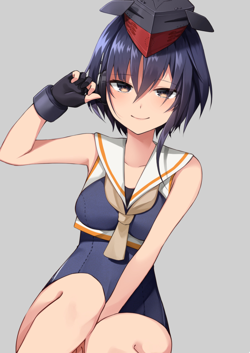 1girl asymmetrical_hair bare_arms bare_shoulders between_legs black_gloves black_headwear black_swimsuit blush breasts brown_eyes closed_mouth collarbone crop_top framed_breasts gloves gradient gradient_background grey_background hair_between_eyes hand_between_legs hat headphones highres i-13_(kantai_collection) kantai_collection katsuobushi_(eba_games) looking_at_viewer one-piece_swimsuit partially_fingerless_gloves purple_hair sailor_collar school_swimsuit short_hair single_glove sitting sleeveless small_breasts smile swimsuit swimsuit_under_clothes