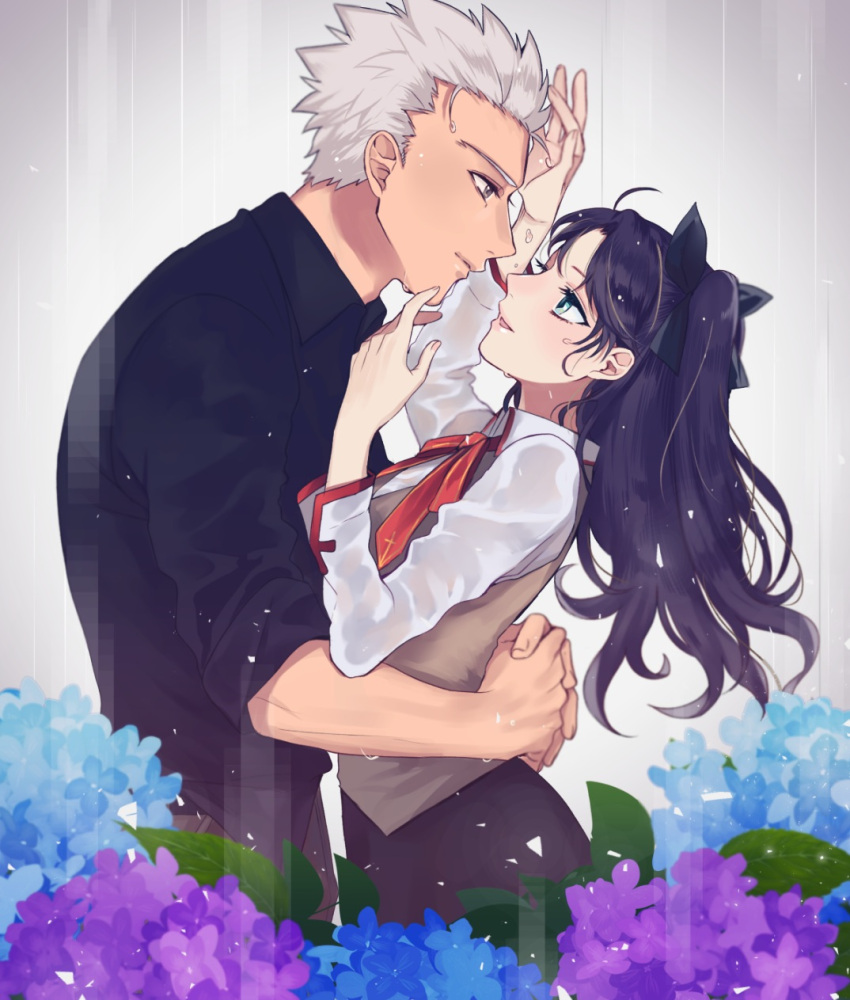 1boy 1girl ahoge archer black_bow black_hair black_shirt black_skirt blue_eyes blue_flower bow collared_shirt couple eye_contact fate/stay_night fate_(series) flower from_side hair_bow hetero highres homurahara_academy_uniform hug long_hair long_sleeves looking_at_another neck_ribbon open_mouth purple_flower red_ribbon ribbon shimatori_(sanyyyy) shiny shiny_hair shirt silver_hair skirt smile spiky_hair tohsaka_rin twintails wet wet_clothes wet_hair wet_shirt white_shirt wing_collar