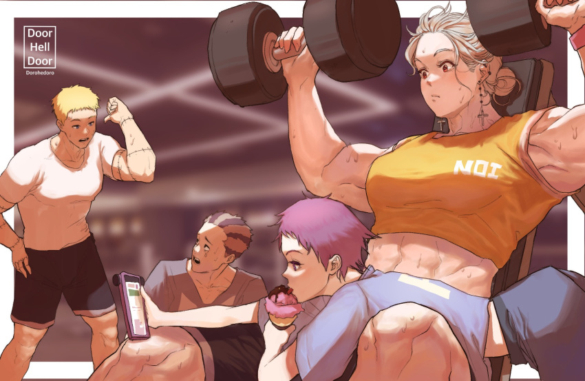 2boys 2girls airpro033 black_shorts blue_shirt character_name character_request copyright_name crop_top dorohedoro earrings ebisu_(dorohedoro) exercise feet_out_of_frame food grey_hair grey_shirt hair_bun highres holding holding_phone ice_cream jewelry midriff multiple_boys multiple_girls muscle muscular_female noi_(dorohedoro) open_mouth orange_eyes orange_shirt phone profile scar shin_(dorohedoro) shirt shorts sleeveless sleeveless_shirt sweat weightlifting weights white_shirt