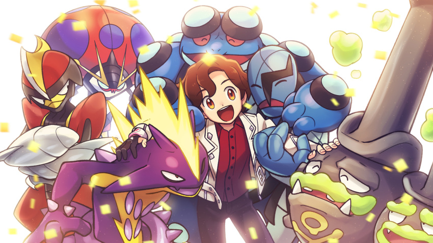 1boy :d alternate_costume bangs bisharp black_pants brown_hair commentary_request dynamax_band eyebrows_visible_through_hair galarian_form galarian_weezing gen_5_pokemon gen_8_pokemon gloves highres jacket lobolobo2010 looking_at_viewer male_focus open_clothes open_jacket open_mouth orbeetle pants partially_fingerless_gloves pokemon pokemon_(creature) pokemon_(game) pokemon_swsh red_shirt sawk seismitoad shirt single_glove smile teeth tongue toxtricity victor_(pokemon) white_jacket