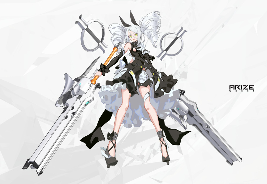 1girl cancell dual_wielding fang green_eyes highres holding holding_sword holding_weapon looking_at_viewer open_mouth original solo sword twintails weapon white_hair
