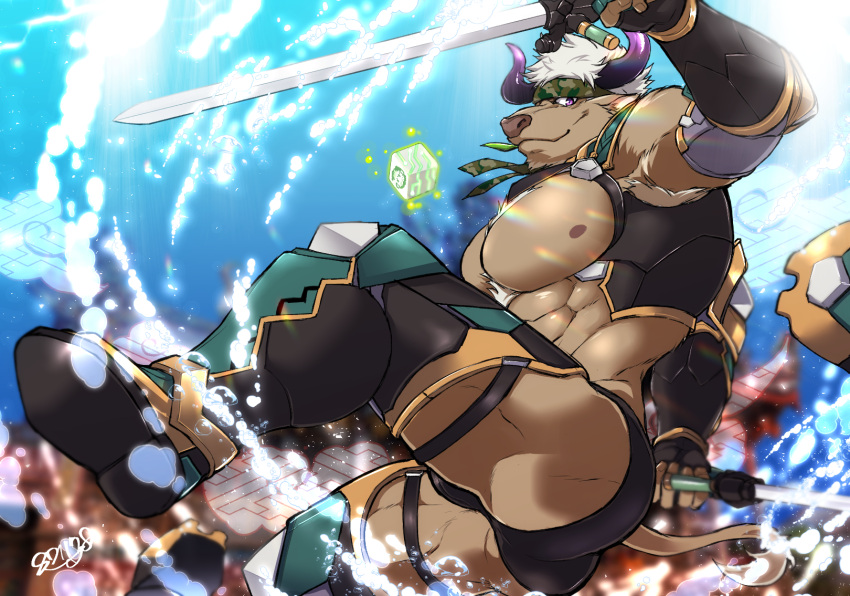 1boy abs air_bubble alternate_costume animal_ears ass bara bare_chest bare_shoulders bubble bursting_pecs camouflage chest chest_hair chest_harness clothing_cutout cow_boy cow_ears cow_horns feet_out_of_frame fighting_stance fingerless_gloves furry gloves harness headband highres holding holding_sword holding_weapon horns male_focus male_swimwear muscle nipples pectoral_press purple_horns revealing_clothes shennong_(tokyo_afterschool_summoners) short_hair sideburns solo spread_legs swim_briefs swimwear sword thick_thighs thigh_cutout thighs tokyo_houkago_summoners underwater violet_eyes weapon white_hair yanai_inaya yin_yang