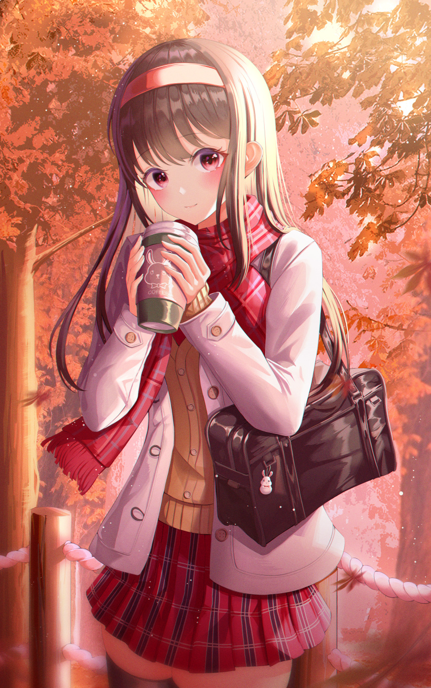 1girl absurdres autumn autumn_leaves bag bexercube black_hair blush closed_mouth coffee coffee_cup cup disposable_cup hairband handbag highres huge_filesize jacket leaf long_hair looking_at_viewer maple_leaf mug original outdoors plaid plaid_skirt pleated_skirt red_eyes red_skirt scarf school_uniform shoulder_bag sidelocks skirt smile solo standing thigh-highs thighs tree uniform vest white_jacket yellow_vest