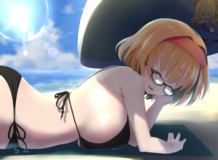 1girl alice_margatroid bangs bare_arms bare_shoulders beach beach_umbrella bespectacled bikini black-framed_eyewear black_bikini blonde_hair blue_eyes blue_sky breasts clouds commission day eyebrows_visible_through_hair glasses gomeifuku groin hair_intakes hairband half-closed_eyes highres large_breasts lens_flare lying ocean on_stomach open_mouth outdoors red_hairband shanghai_doll short_hair side-tie_bikini sky smile sun swimsuit touhou towel umbrella water