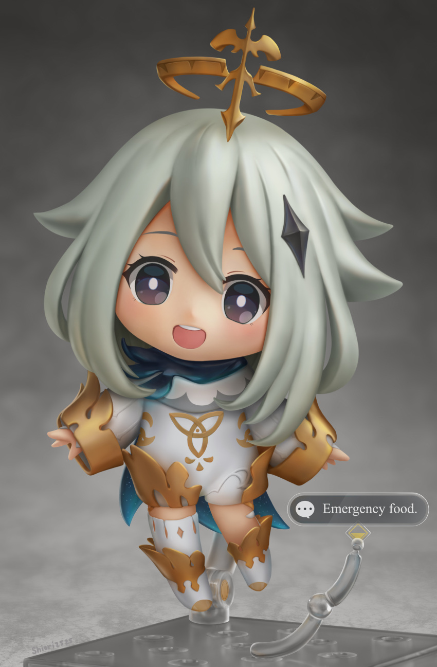 1girl :d absurdres artist_name asymmetrical_legwear bare_shoulders blue_scarf bright_pupils cape chibi dress full_body genshin_impact grey_background hair_ornament halo highres long_sleeves looking_at_viewer nendoroid open_mouth paimon_(genshin_impact) photorealistic photoshop_(medium) puffy_sleeves scarf shiori2525 short_hair simple_background single_thighhigh smile solo thigh-highs white_dress white_hair white_legwear white_pupils wide_sleeves