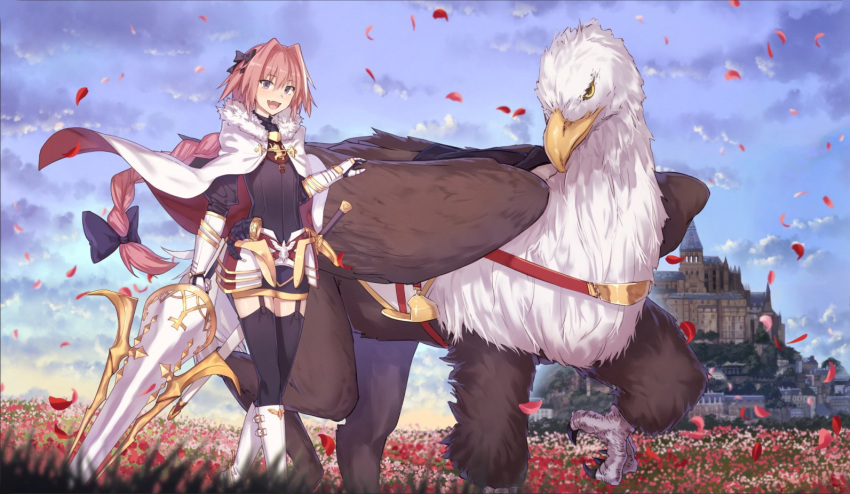 1boy :d astolfo_(fate) black_legwear blue_sky boots bow braid cape cape_billowing castle day fang fate/apocrypha field flower flower_field garter_straps gauntlets hair_bow hippogriff holding holding_lance holding_polearm holding_weapon ibuki_notsu lance long_hair looking_at_viewer male_focus open_mouth outdoors pink_hair polearm purple_bow red_cape single_braid skin_fang sky smile solo standing thigh-highs two-sided_cape two-sided_fabric very_long_hair violet_eyes walking weapon white_cape white_footwear