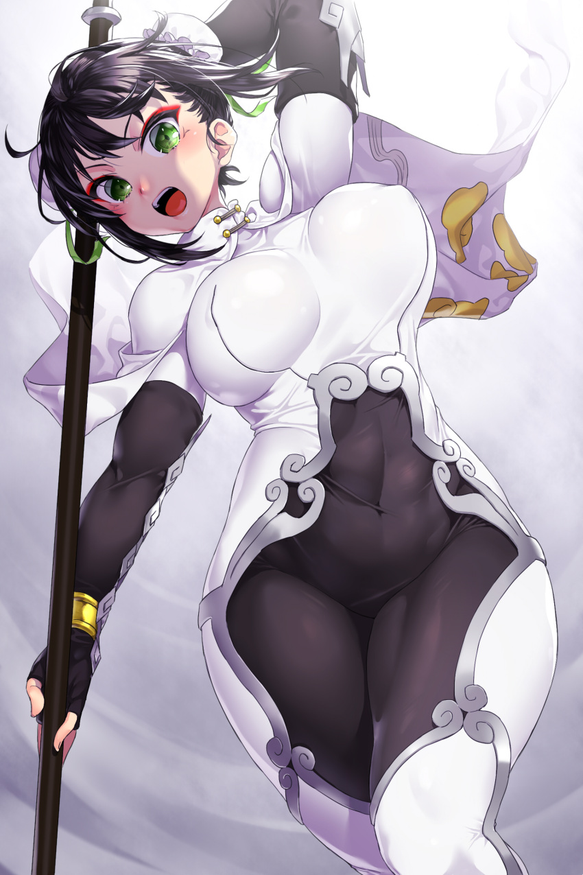 1girl absurdres arm_up black_gloves black_hair blush bodysuit breasts bun_cover capelet chinese_clothes covered_navel covered_nipples double_bun eyeliner eyeshadow fate/grand_order fate_(series) feet_out_of_frame fingerless_gloves gloves green_eyes green_ribbon grey_background hair_ribbon highres holding holding_weapon impossible_clothes large_breasts makeup onsoku_inu open_mouth polearm qin_liangyu_(fate) ribbon short_hair solo thick_thighs thighs weapon white_capelet