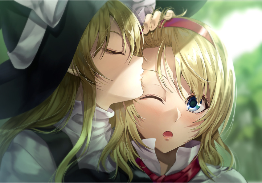 2girls ;o akane_hazuki alice_margatroid bangs black_headwear blonde_hair blue_eyes blurry blurry_background blush closed_eyes closed_mouth commentary_request depth_of_field eyebrows_visible_through_hair hairband hand_on_another's_head hat imminent_kiss kirisame_marisa multiple_girls one_eye_closed open_mouth profile red_hairband red_neckwear short_hair touhou upper_body witch_hat yuri